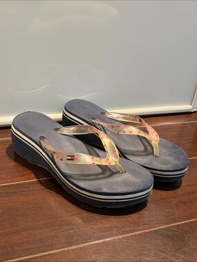 Tommy Hilfiger Navy Platform Flip-Flop Sandals with Translucent Polka-Dot Straps